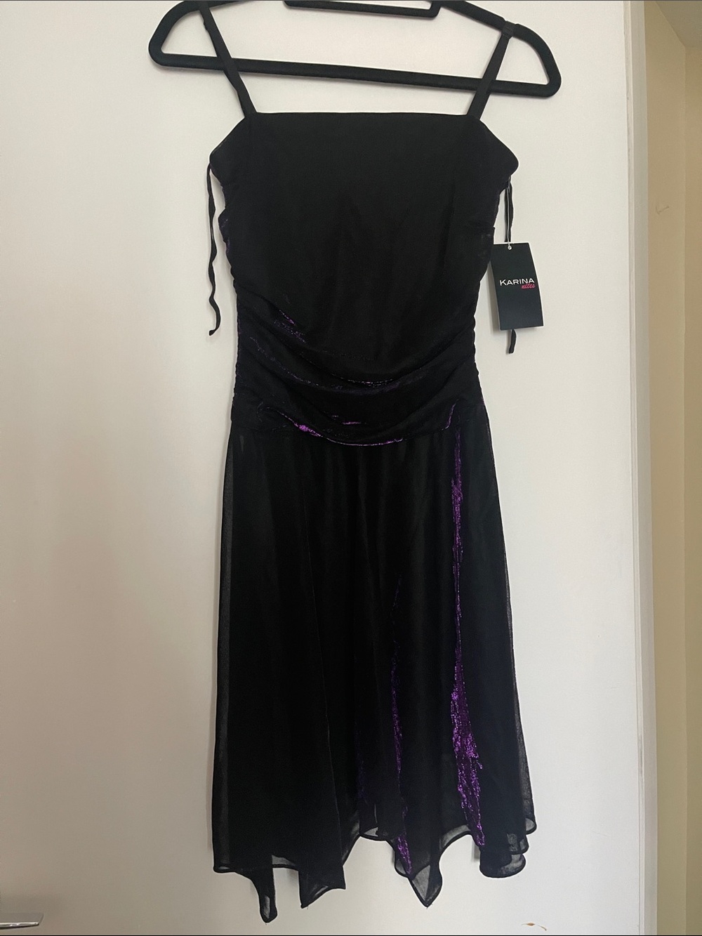 MARINA Black Strapless Evening Dress with Purple Sheen
